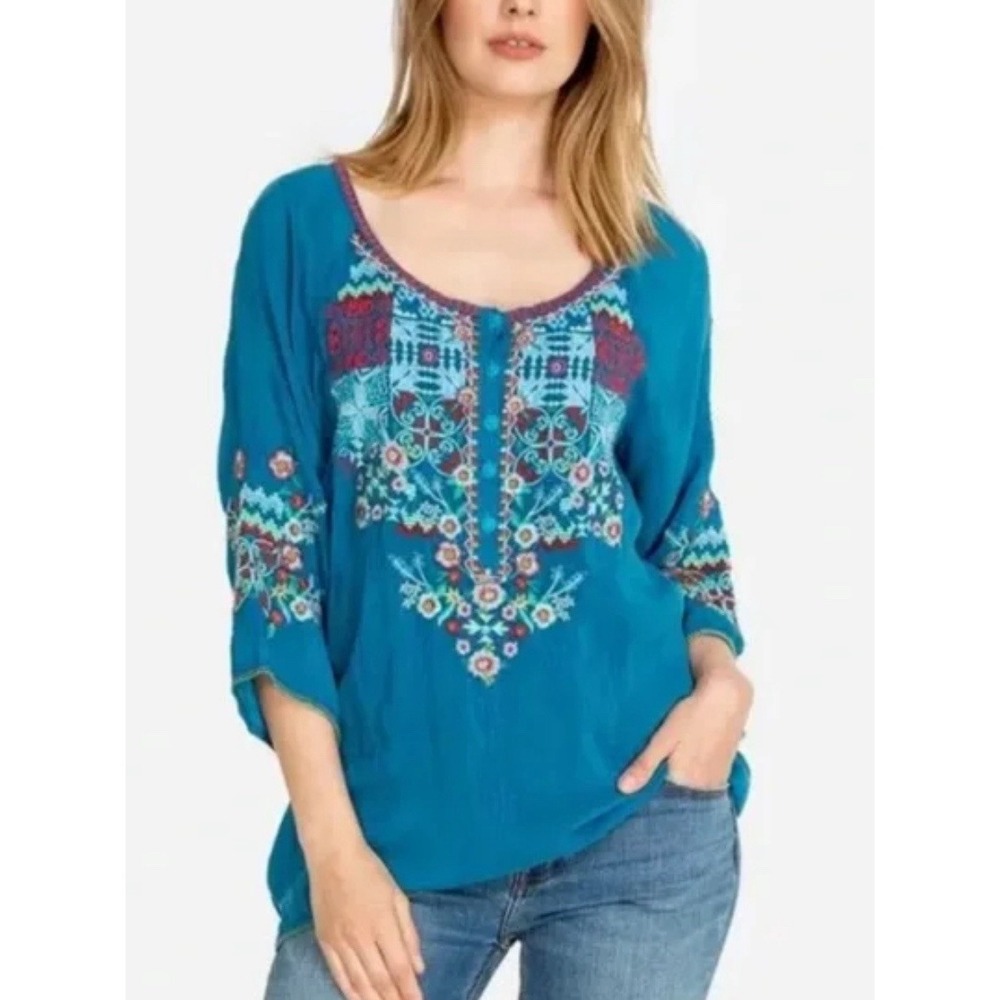 JOHNNY WAS Blue Embroidered Muna Blouse Relaxed Top‎ Size XS